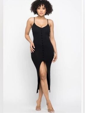 Hera Collection Black Midi Bodycon Dress with Front Slit
